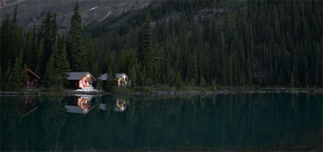 Remote Lakeside Cabins with Solar Lights