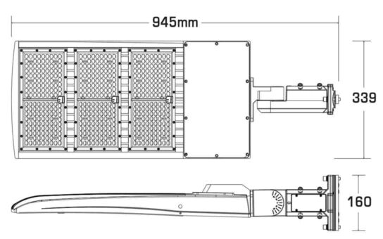 Dimensions of 450W Shoe Box Light with A&D Mount